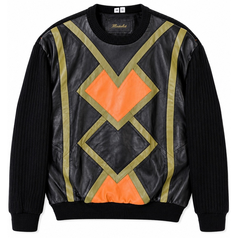 Man Art Vintage 3X Genuine Leather Knit Sweater Geometric Colorblock 80s 90s